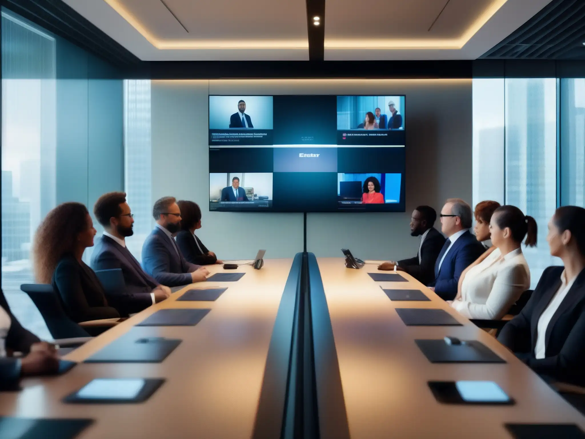 Sala de juntas ejecutiva con videoconferencia de alto nivel Profesionales se reúnen en moderna sala de juntas con videoconferencia 8x8 para formación ejecutiva, transmitiendo sofisticación y eficiencia