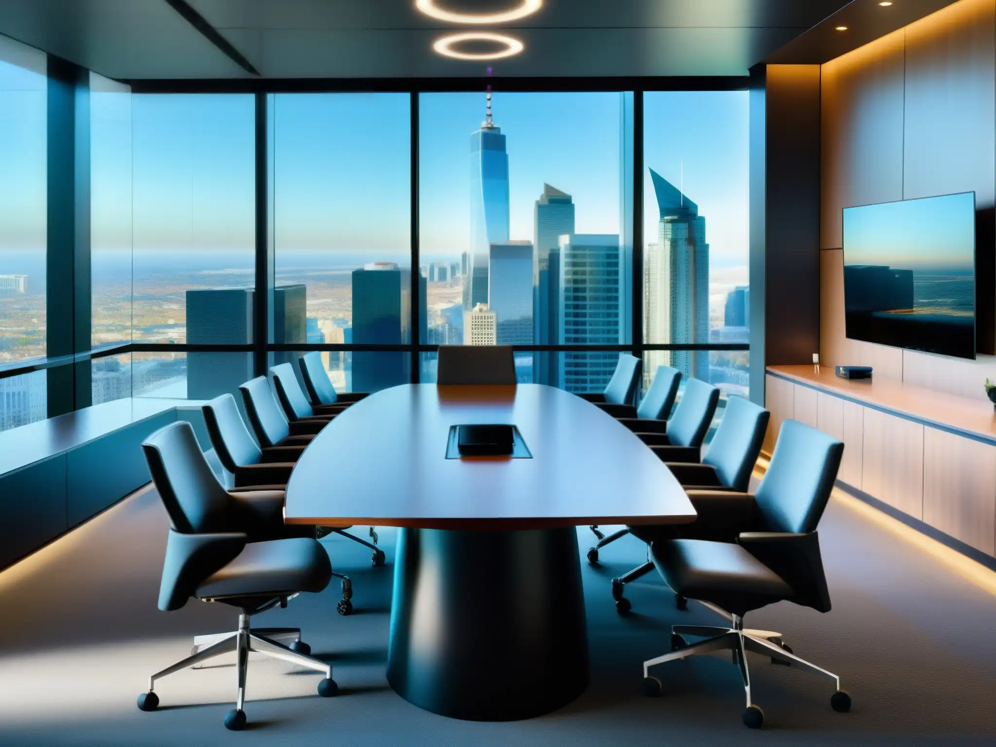Moderna sala de juntas financiera con vista panorámica Profesionales en una moderna sala de juntas con herramientas de videoconferencia para análisis comparativo