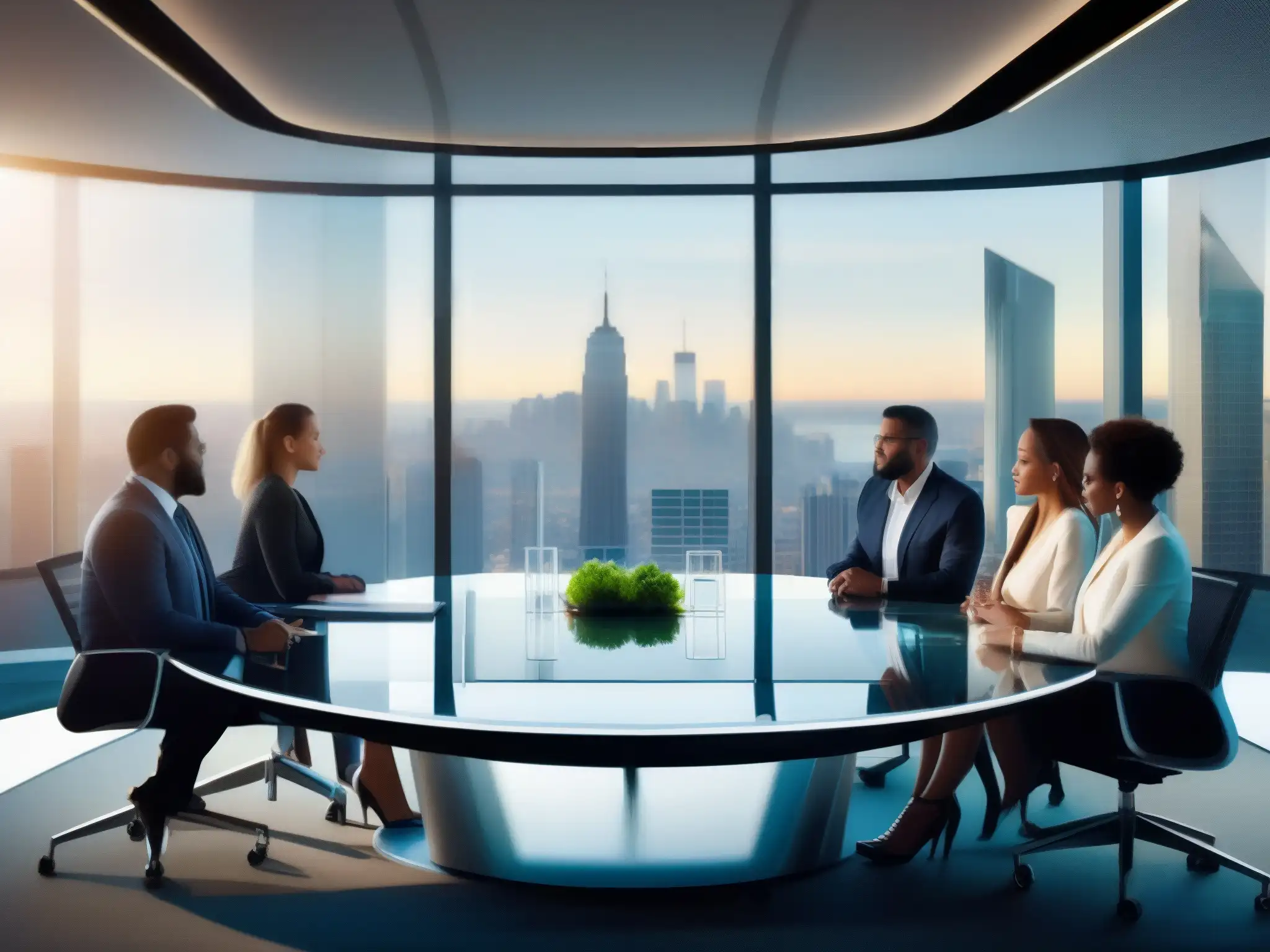 Reunión de negocios en sala de juntas moderna Profesionales en una moderna sala de juntas con herramientas de videoconferencia para profesionales, exudando confianza y expertise
