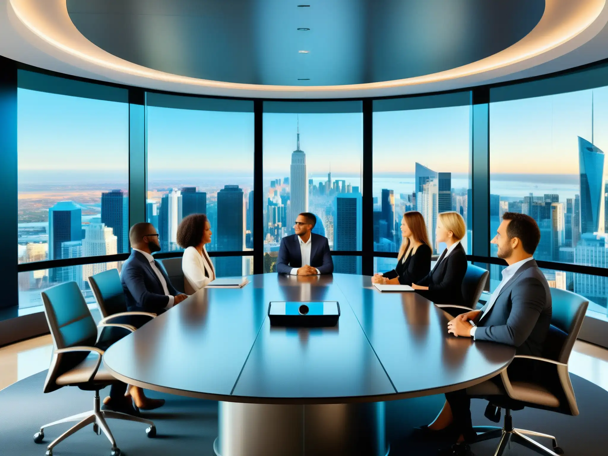 Videoconferencia AI en sala de juntas corporativa Profesionales se reúnen en una moderna sala de juntas con tecnología AI para videoconferencias corporativas, interactuando dinámicamente