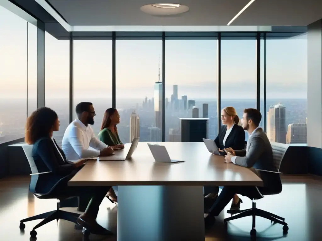 Reunión dinámica de profesionales con Webex y CRM Profesionales colaborando efectivamente con Webex y CRM en una moderna sala de reuniones con vistas a la ciudad
