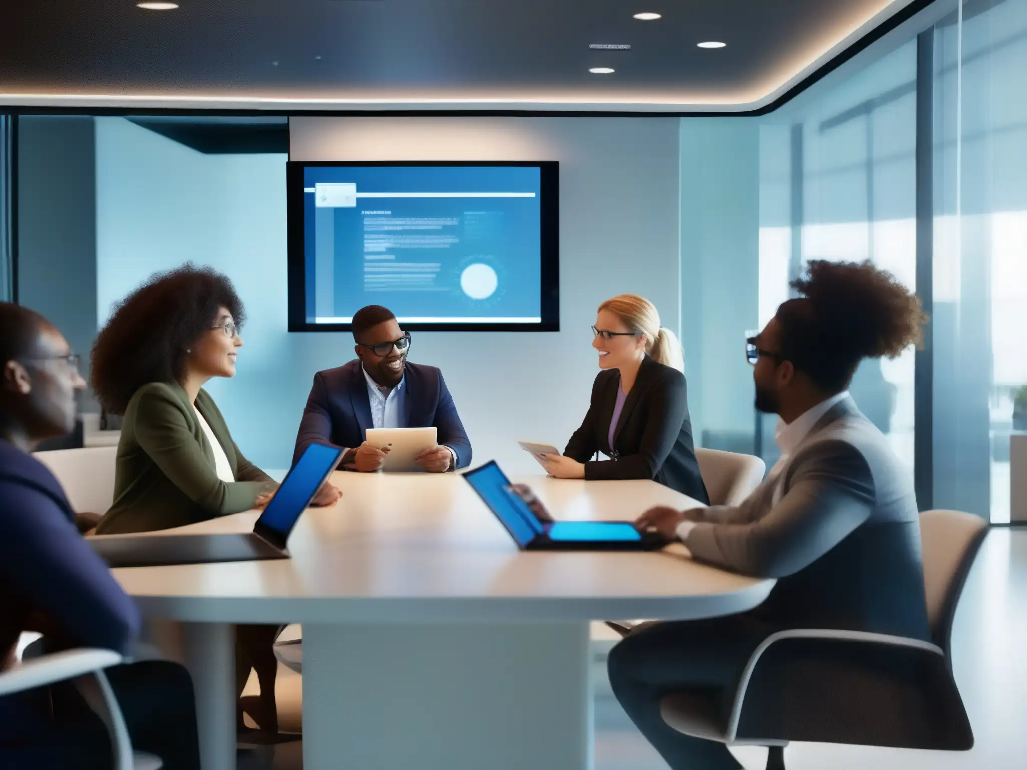 Equipo diverso y colaborativo en la oficina del futuro Profesionales colaborando en una moderna sala de reuniones con herramientas de coedición y videoconferencia