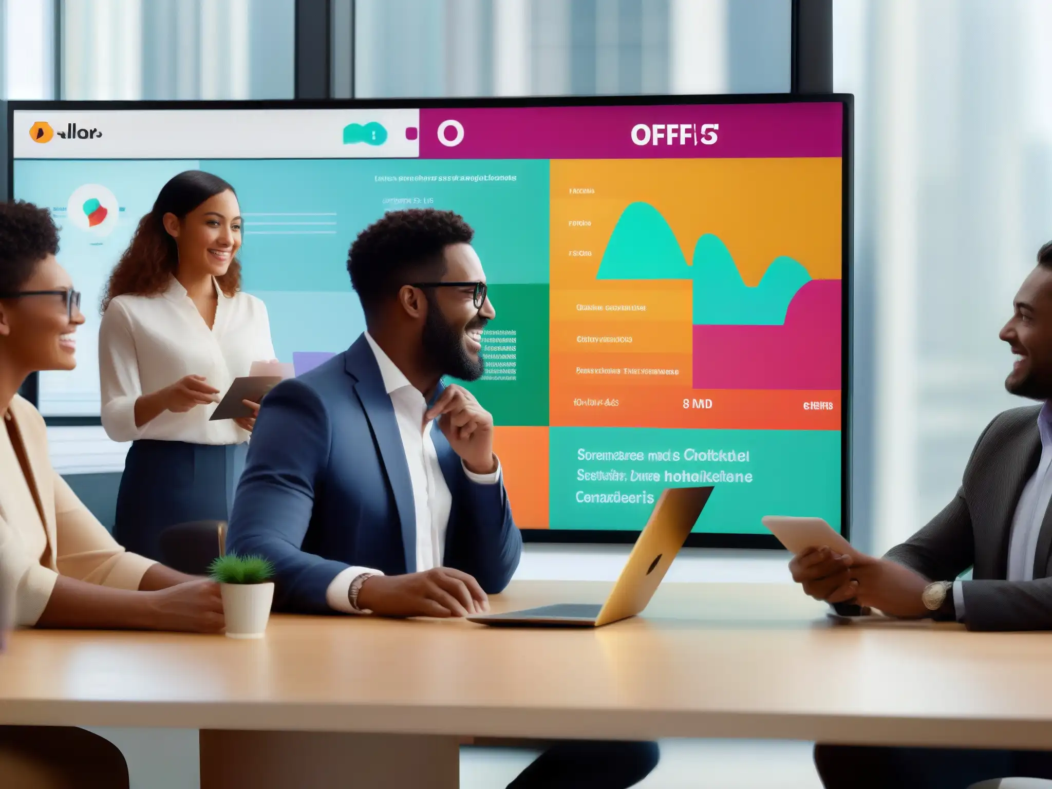 Profesionales colaborando en proyecto con videoconferencia en Slack Profesionales colaborando en Slack, con decoración moderna y tecnología, mostrando la integración de videoconferencia en un entorno profesional