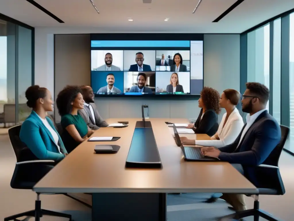 Reunión virtual de profesionales en oficina moderna Profesionales colaborando en una moderna videoconferencia