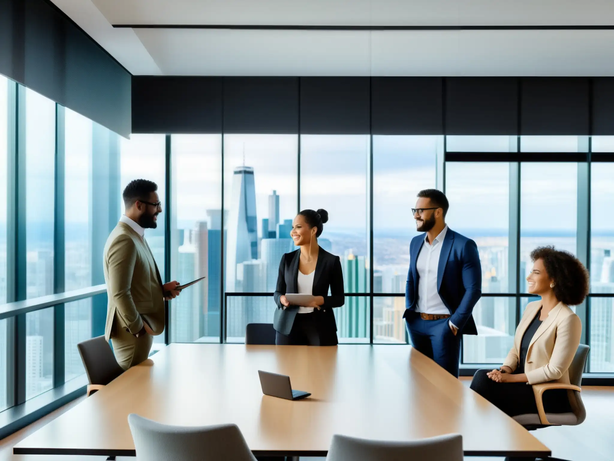 Profesionales colaborando con Microsoft Teams y Dynamics 365 Profesionales colaborando en un moderno espacio de oficina, usando la integración Microsoft Teams Dynamics 365 para una reunión dinámica