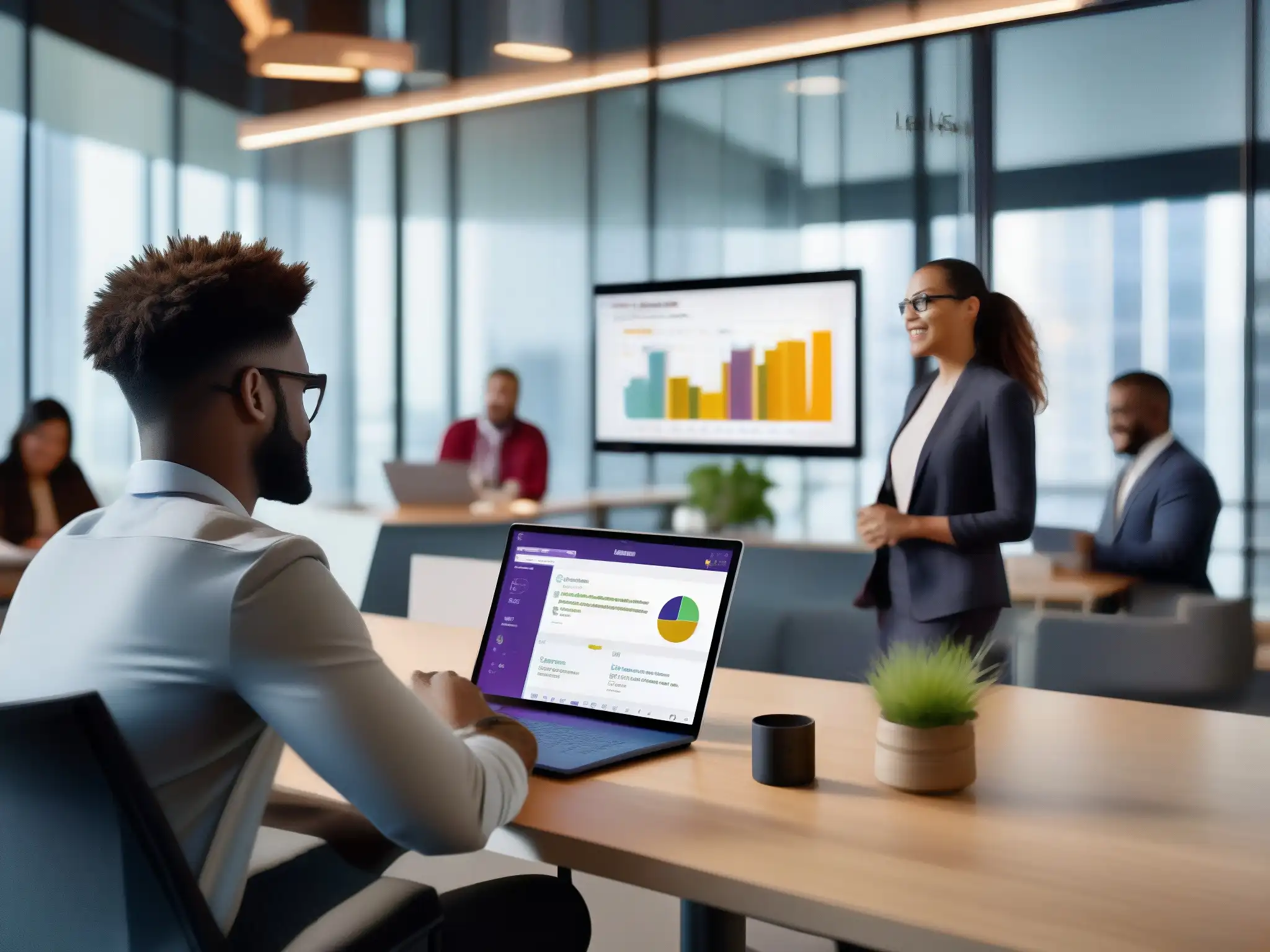 Profesionales colaborando en oficina moderna con Microsoft Teams y Slack Profesionales colaborando en un moderno espacio de oficina, usando Microsoft Teams y Slack para gestión de proyectos