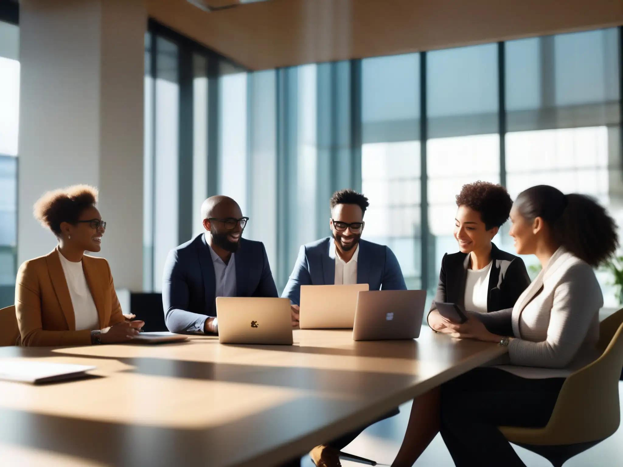 Colaboración dinámica en reunión de profesionales con Microsoft Teams Profesionales multiculturales colaborando en una oficina moderna con Microsoft Teams, reflejando la transformación digital multinacional