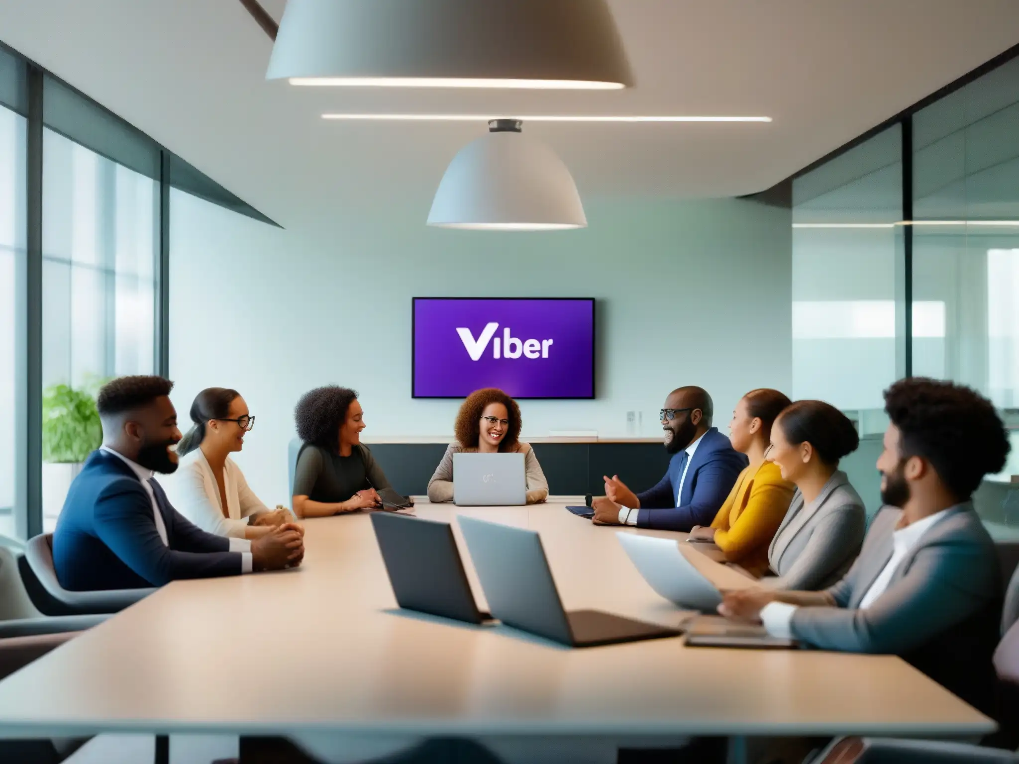 Reunión multicultural de profesionales con Viber en oficina moderna Profesionales multiculturales discuten en una sala moderna con herramientas de videoconferencia para equipos multiculturales