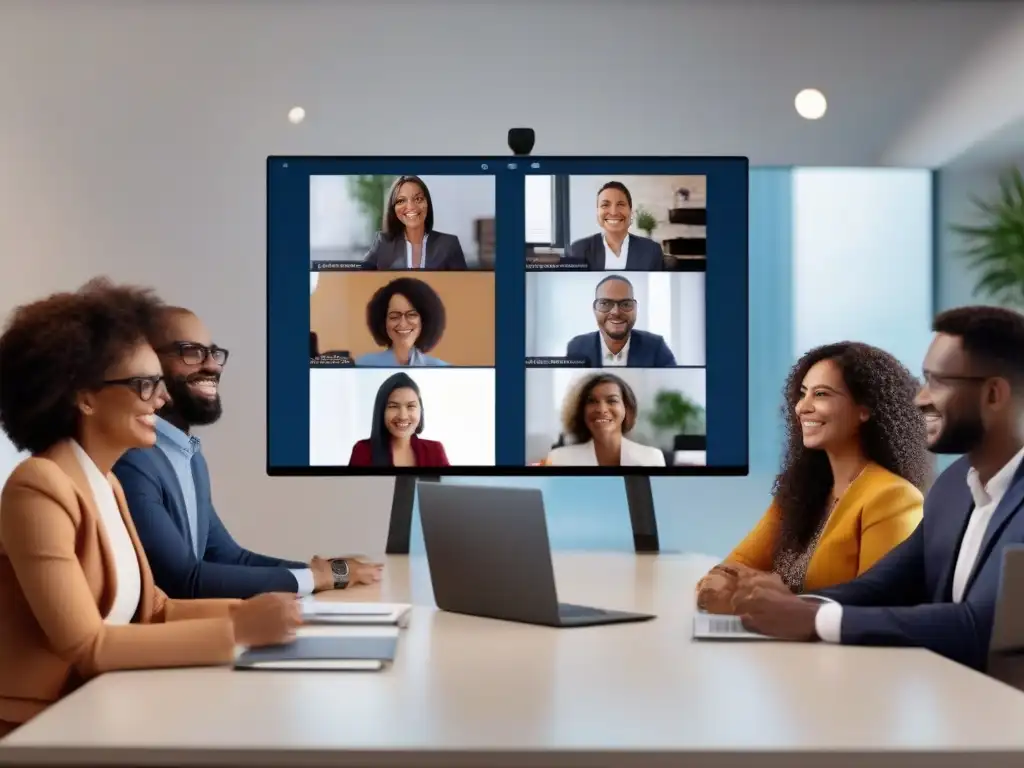 Videoconferencia multicultural con Viber: colaboración inclusiva Profesionales multiculturales participan activamente en una videoconferencia, demostrando colaboración e inclusividad