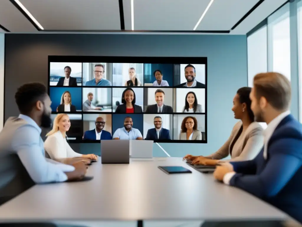 Profesionales globales colaborando en videoconferencia Profesionales de múltiples ubicaciones en una videoconferencia colaborativa usando la plataforma GlobalMeet Collaboration para videoconferencias