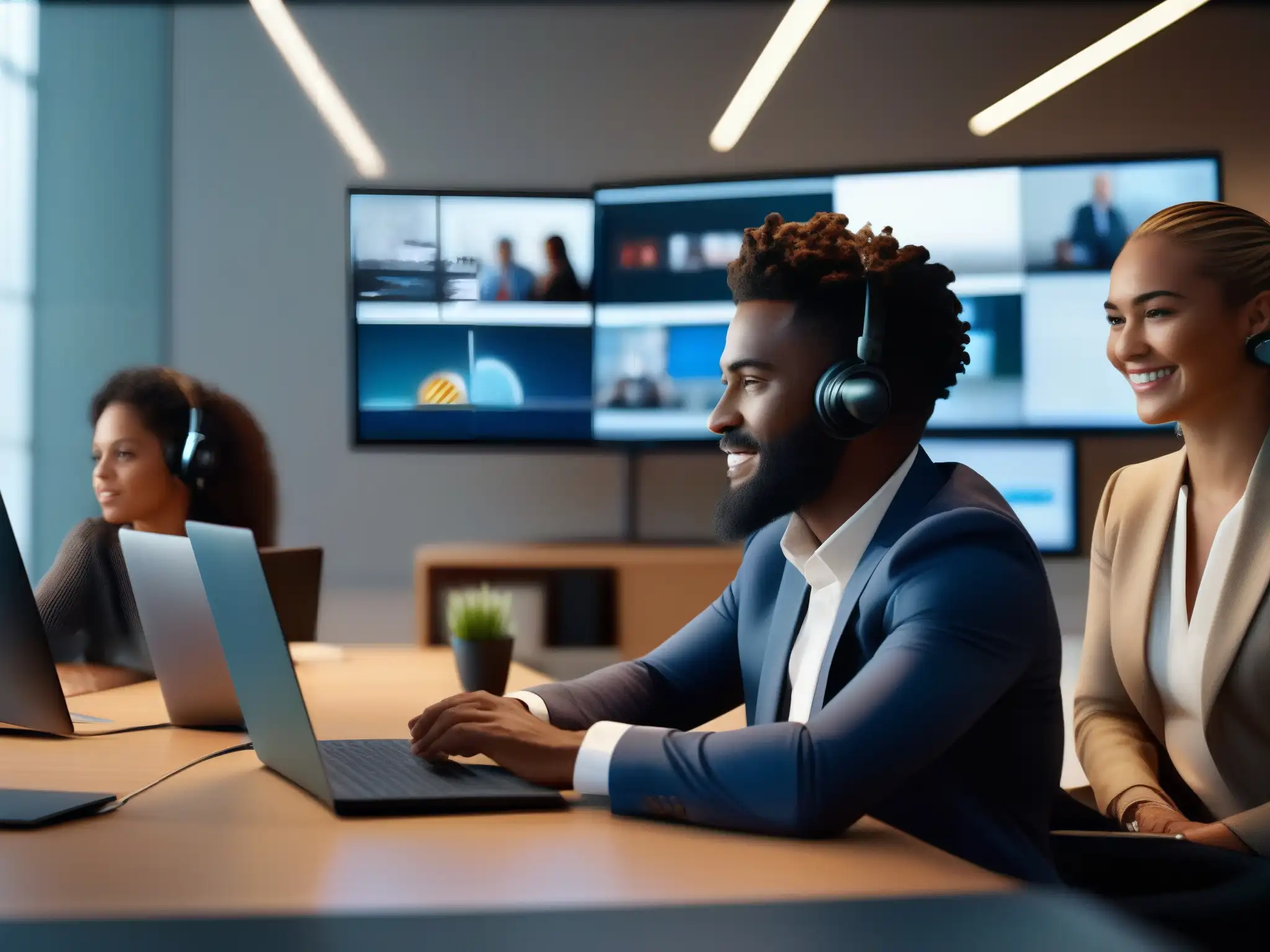 Profesionales multitarea en videoconferencia, productividad sin límites Profesionales multitarea en videoconferencia, colaborando eficientemente en un entorno moderno con plataformas de videoconferencia multitarea