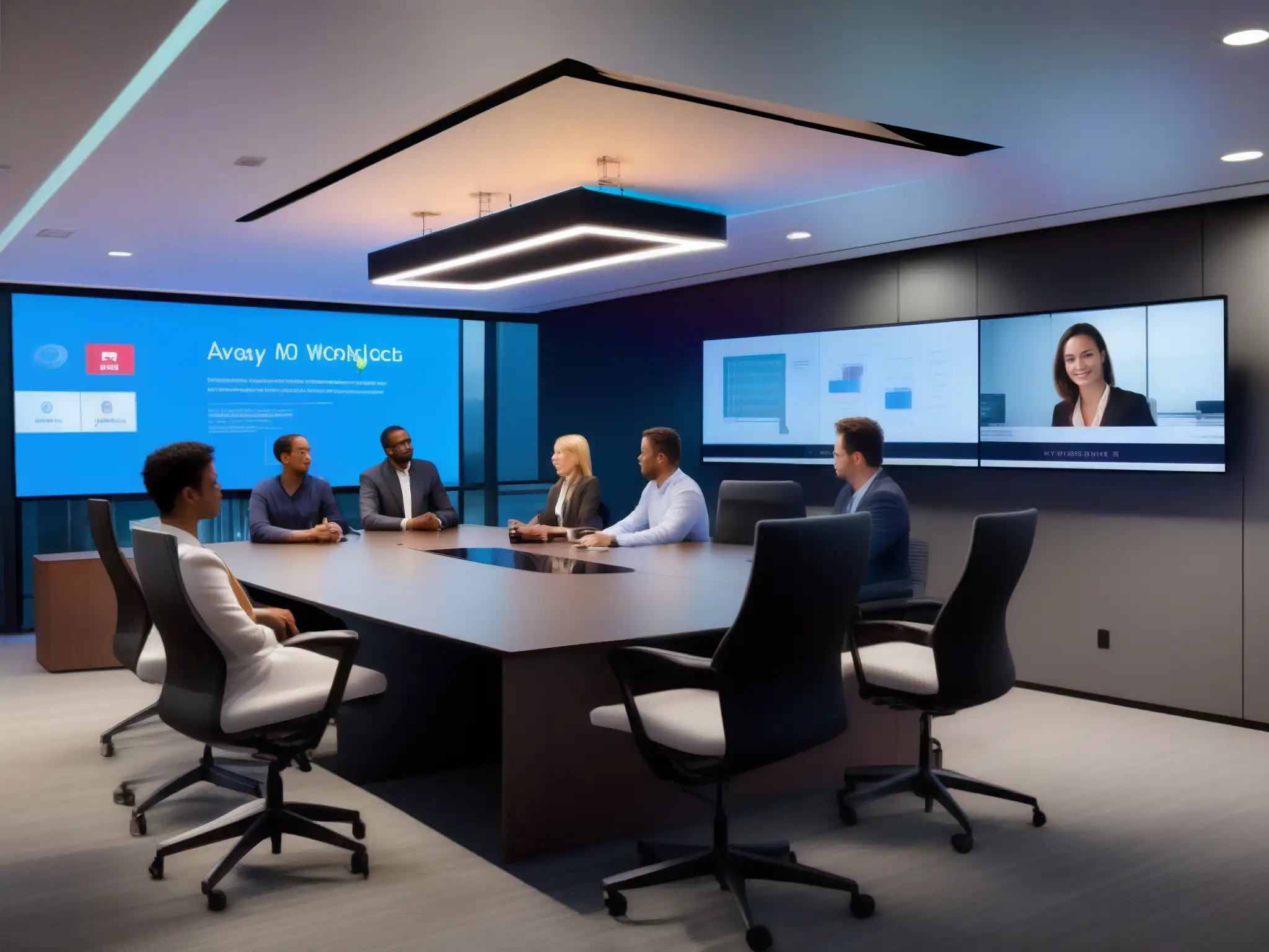 Colaboración global eficiente con Avaya IX Workplace Profesionales de todo el mundo colaborando en una sala de videoconferencias de alta tecnología con Avaya IX