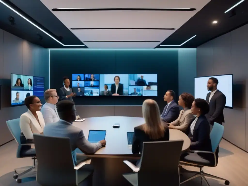 Profesionales globales en sala de conferencias virtuales Profesionales de todo el mundo colaboran en una videoconferencia internacional con las mejores herramientas