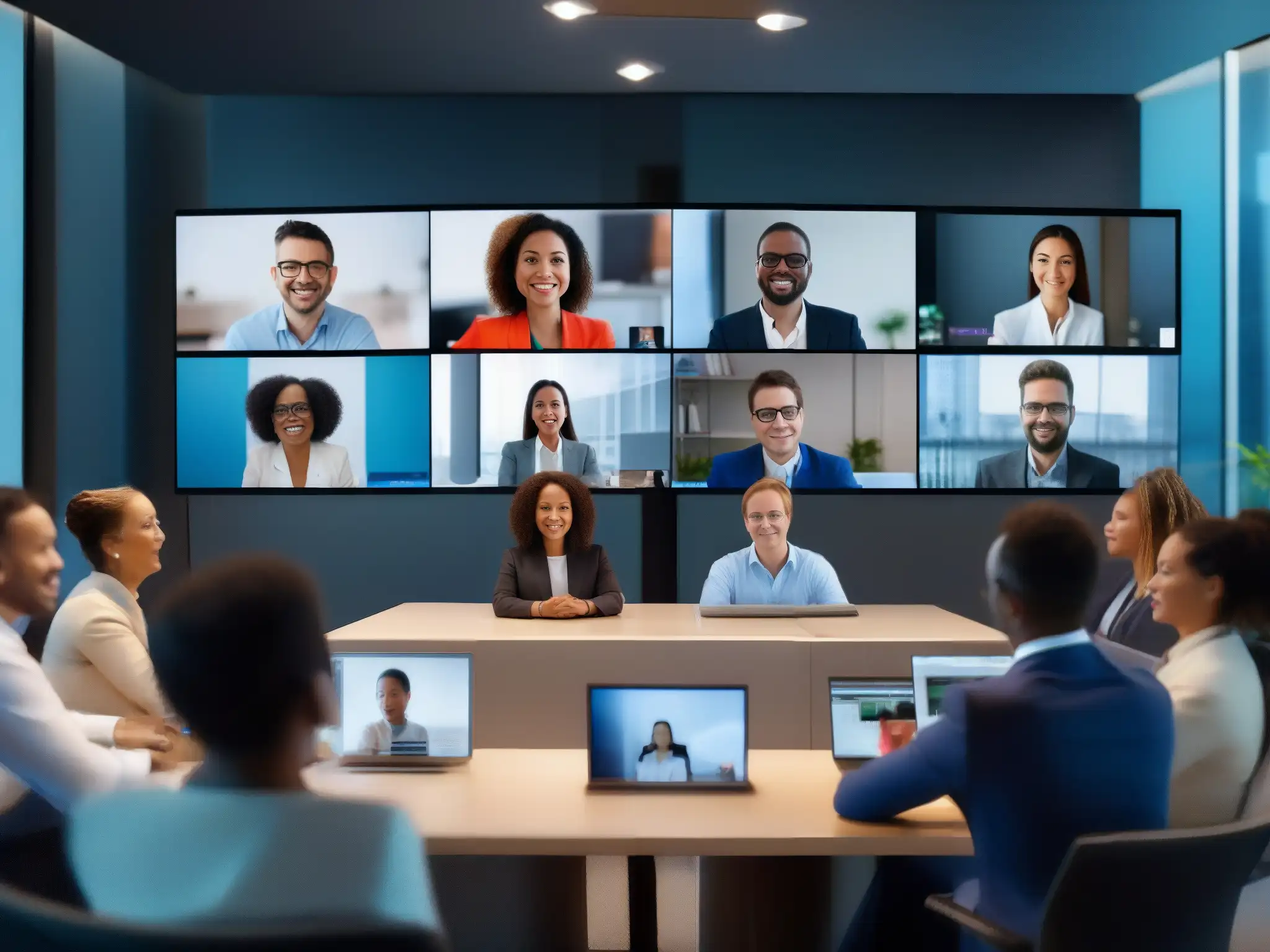 Profesionales del mundo en videoconferencia Profesionales de todo el mundo participan en una videoconferencia, usando las mejores herramientas de videoconferencia internacionales