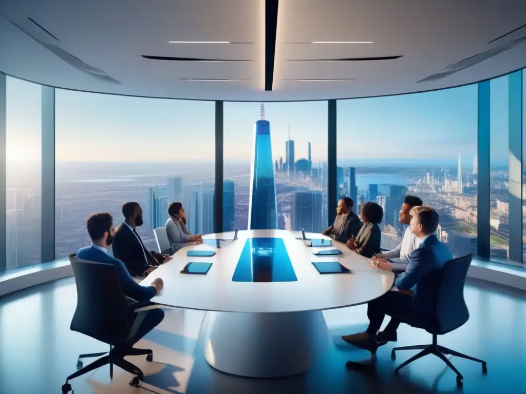 Conferencia global: Profesionales colaborando en sala futurista Profesionales de todo el mundo en videoconferencia en una sala luminosa con vista a la ciudad