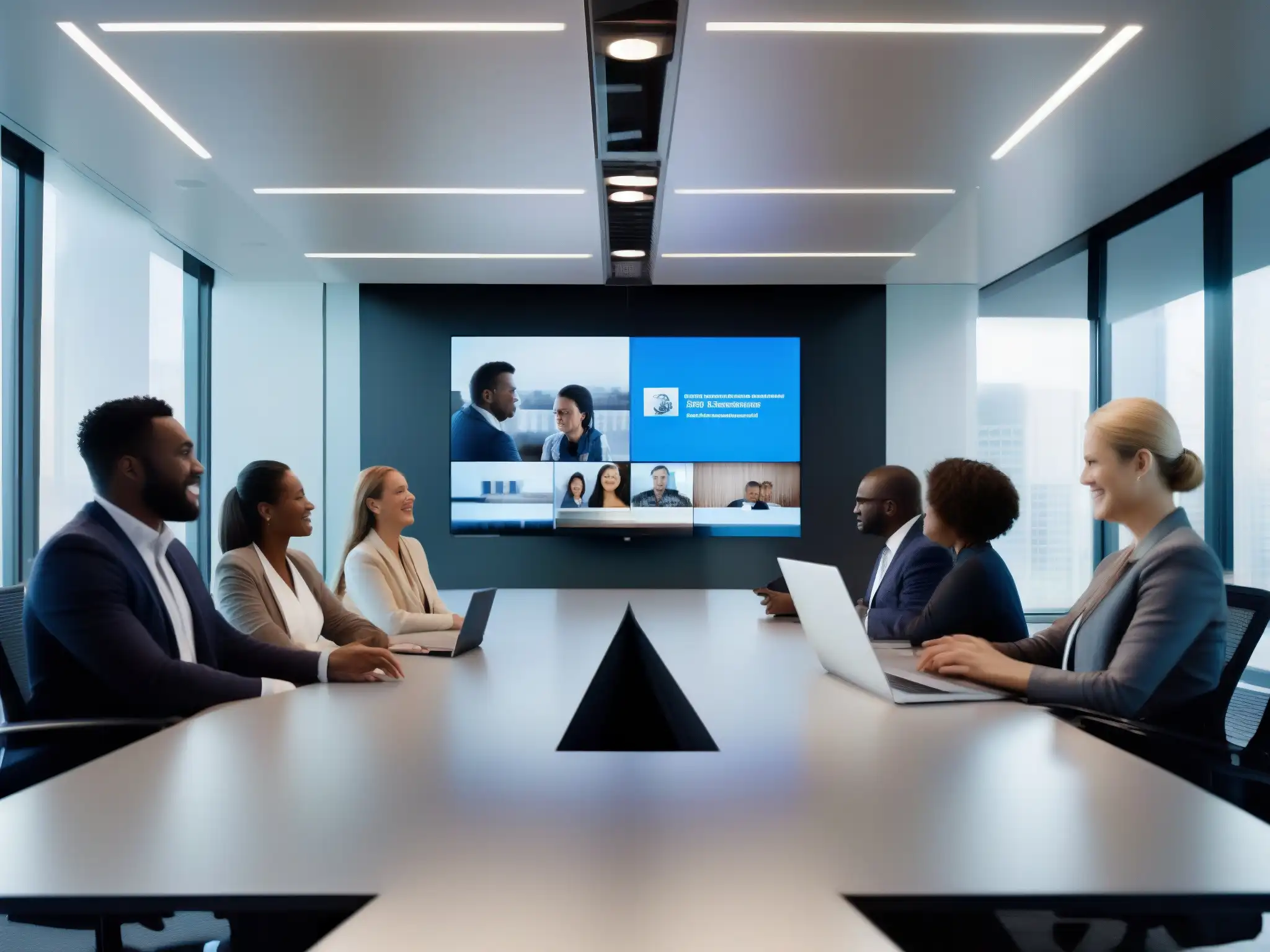Videoconferencia global: Profesionales diversificados en reunión virtual Profesionales de todo el mundo en videoconferencia, sala moderna y luminosa