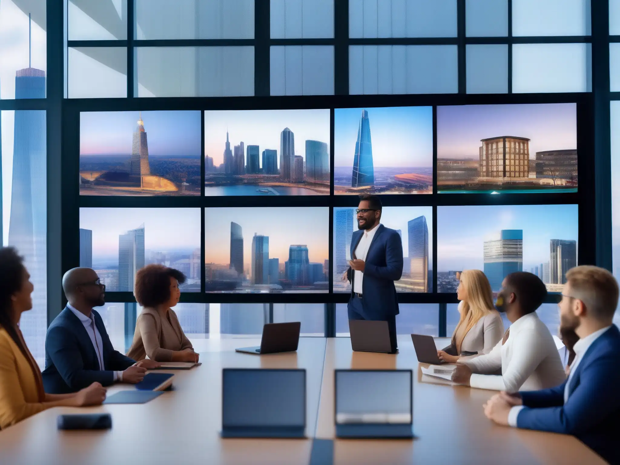 Profesionales de todo el mundo en videoconferencia con traducción en tiempo real, en un espacio de oficina moderno con vistas a la ciudad