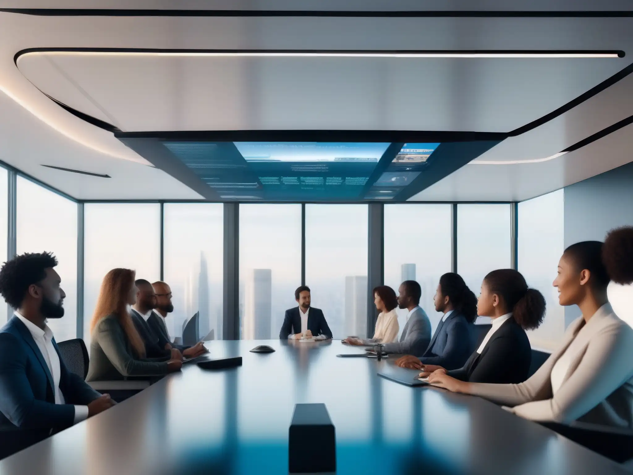 Profesionales de todo el mundo en una videoconferencia con traducción en tiempo real, creando un ambiente futurista