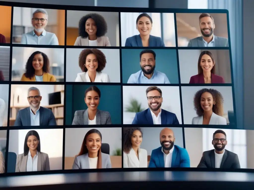 Conferencia virtual global en alta definición: 5G sin límites Profesionales de distintas nacionalidades en videoconferencia 5G, mostrando mejora en sincronización de videoconferencias multinacionales