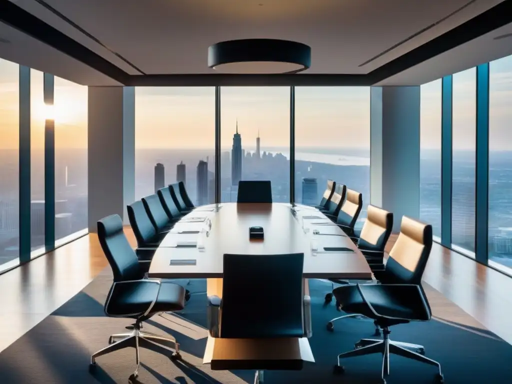 Sala de juntas moderna y colaborativa con vista panorámica Profesionales en negociaciones internacionales Fuze en sala de juntas moderna y luminosa