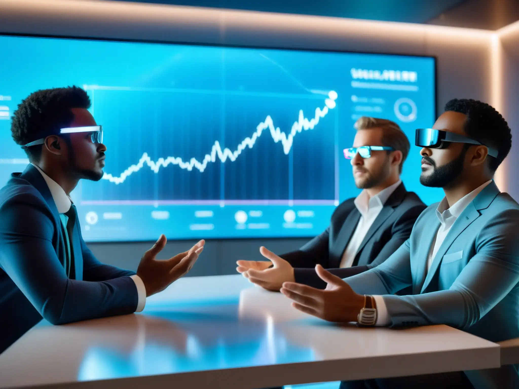 Profesionales de negocios usando AR en sala de conferencias futurista Profesionales de negocios usan AR en videoconferencia, interactuando con gráficos holográficos en una sala moderna y futurista
