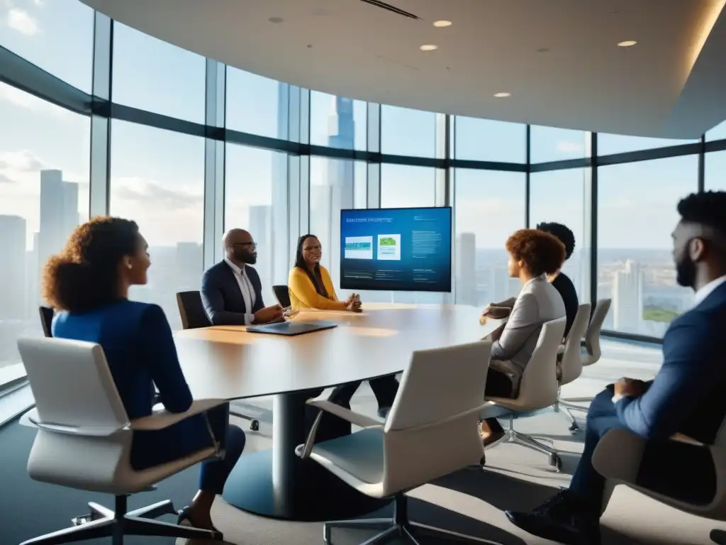Reunión de negocios dinámica con GoToMeeting Profesionales de negocios colaborando en una oficina moderna con vista a la ciudad, utilizando GoToMeeting para análisis de negocios