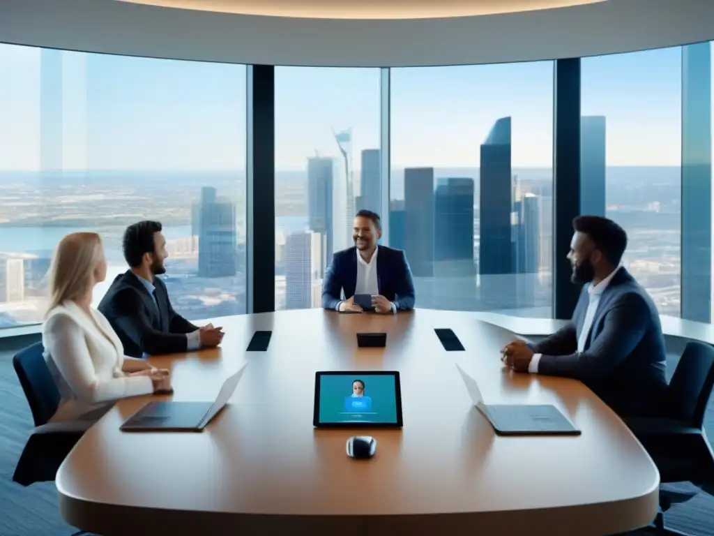 Reunión virtual exitosa en empresa dinámica con StarLeaf Profesionales de negocios usan la plataforma de videoconferencia StarLeaf en una sala moderna con vista a la ciudad, en una dinámica y exitosa PYME