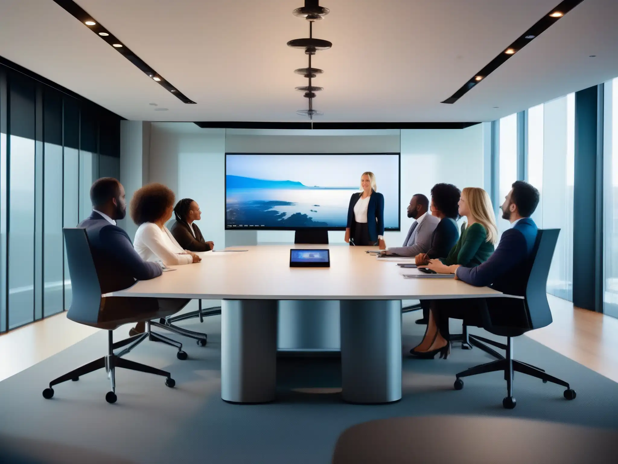 Reunión global de negocios en sala de conferencias de alta tecnología Profesionales de negocios reunidos en moderna sala de videoconferencias
