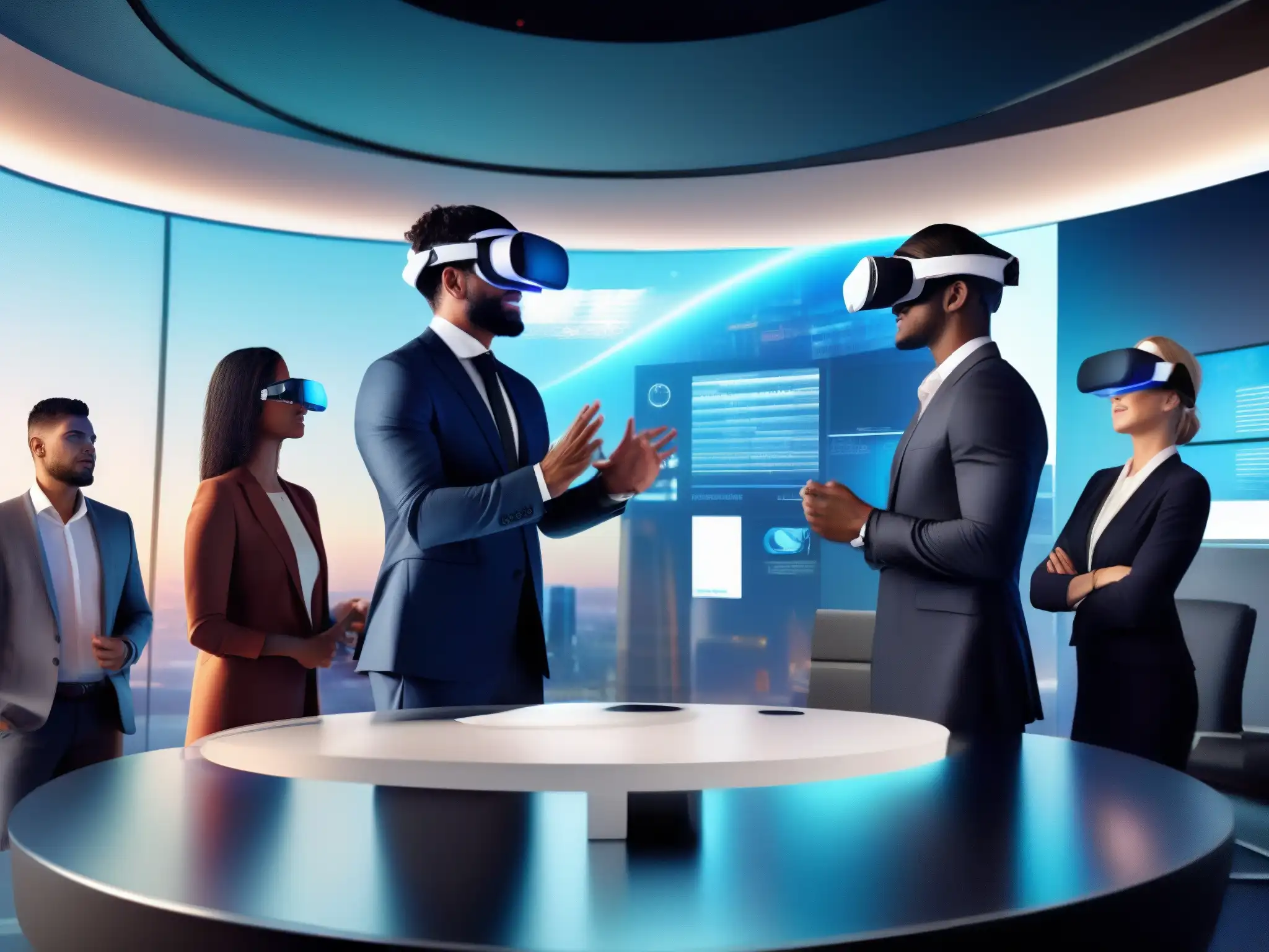 Reunión virtual de profesionales con VR: innovación y productividad Profesionales de negocios usan tecnología de realidad virtual en videoconferencias, transmitiendo innovación y productividad