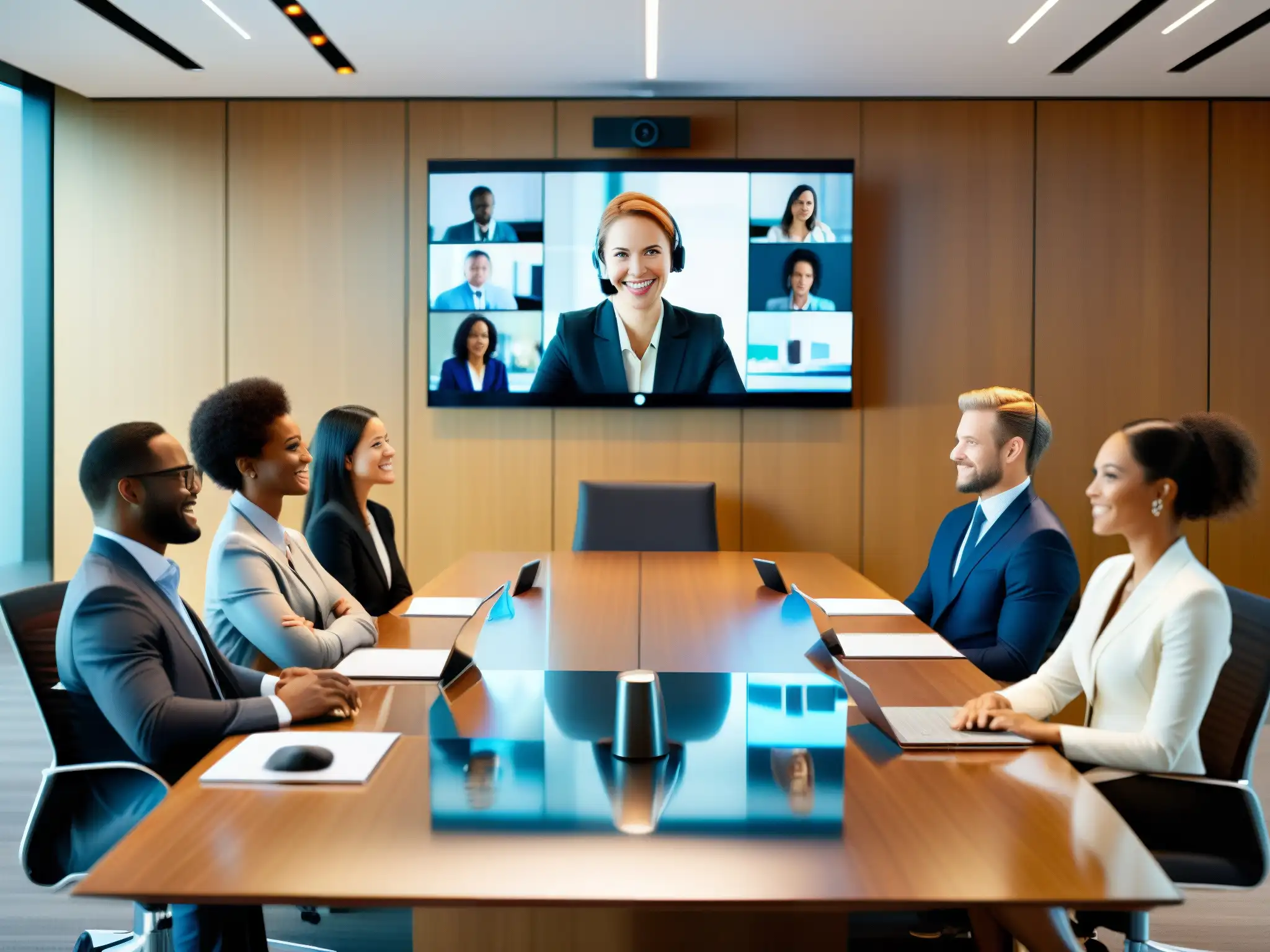 Videoconferencia global en sala de juntas de vanguardia Profesionales de negocios en videoconferencia con las mejores herramientas de videoconferencia corporativas, en una sala elegante y minimalista