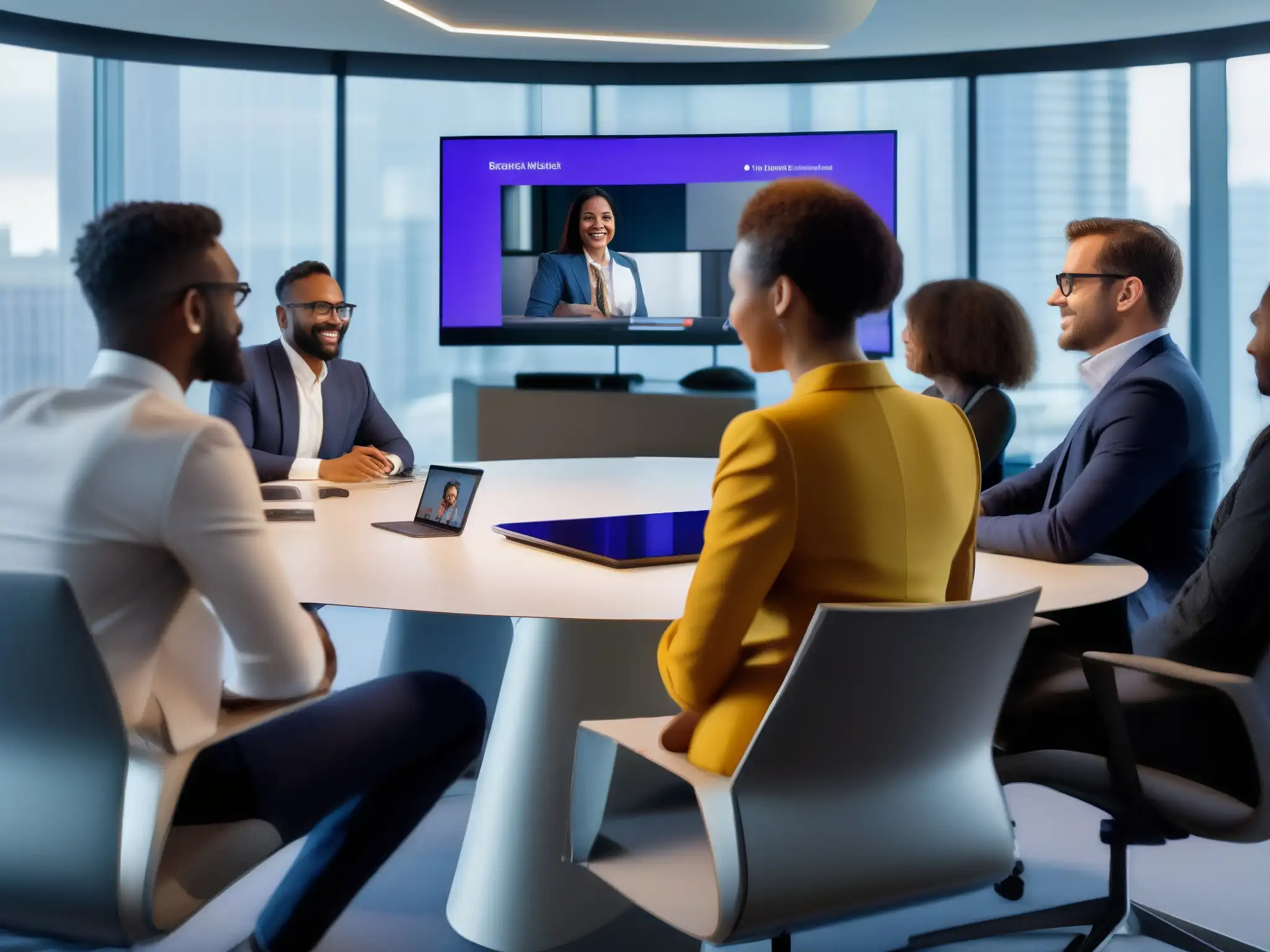 Reunión virtual de profesionales en Microsoft Teams Profesionales de negocios en videoconferencia por Microsoft Teams, con ambiente de oficina moderno, colaboración e innovación