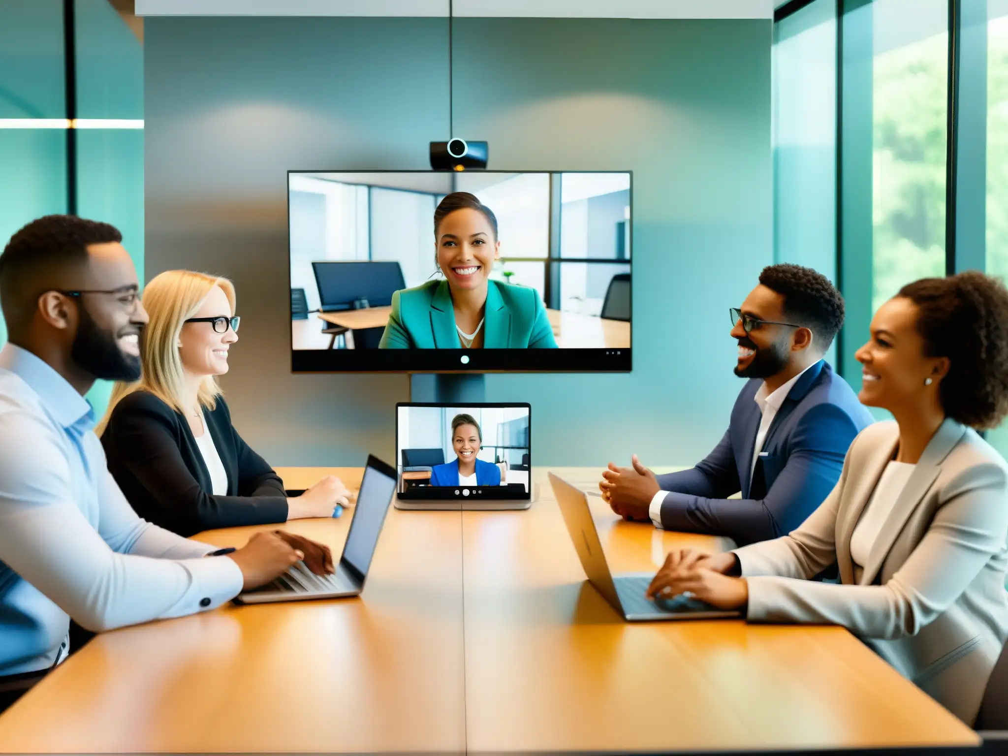 Reunión empresarial dinámica con Cisco Webex Profesionales de negocios colaborando en videoconferencia a través de Cisco Webex en una oficina contemporánea