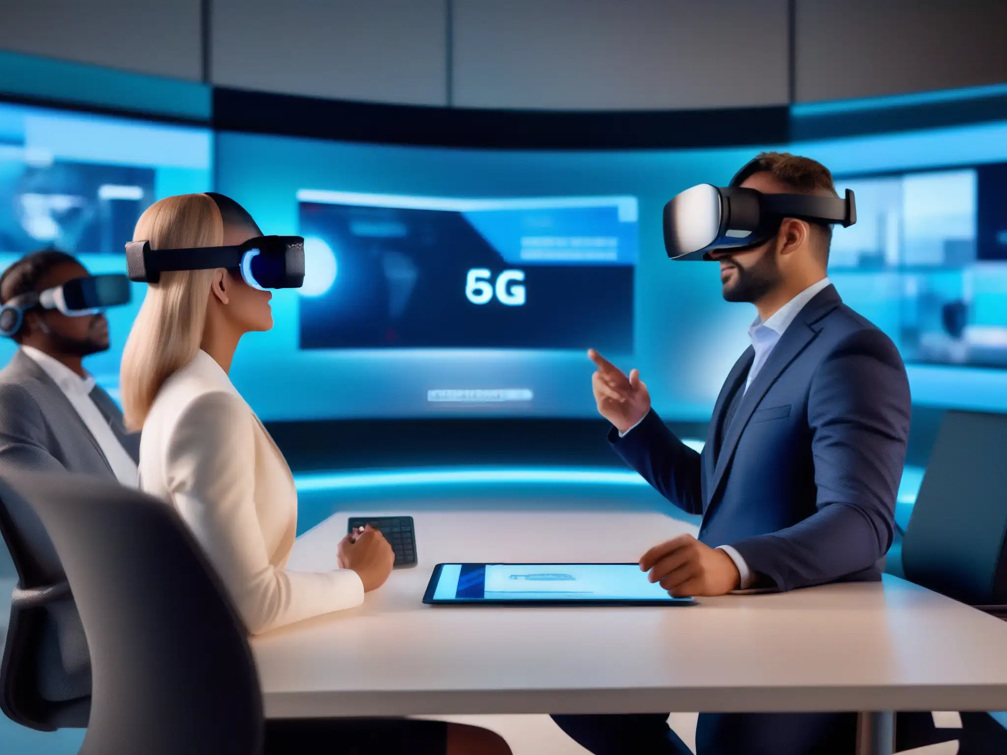 Videoconferencia VR 5G: Colaboración Profesional Profesionales de negocios realizan videoconferencias en entornos de realidad virtual, inmersos en un espacio moderno con tecnología 5G