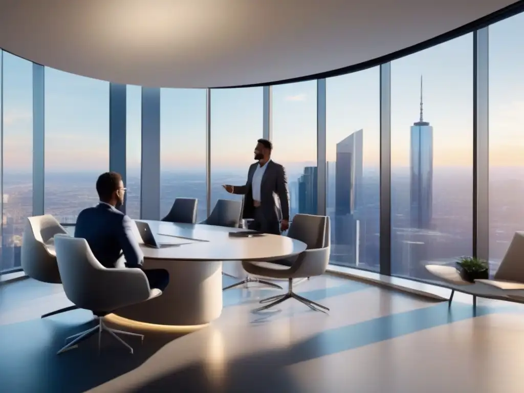 Oficina Futurista con Microsoft Teams y Office 365 Profesionales colaborando en una oficina futurista, usando la integración Microsoft Teams y Office 365 para una comunicación sin fisuras