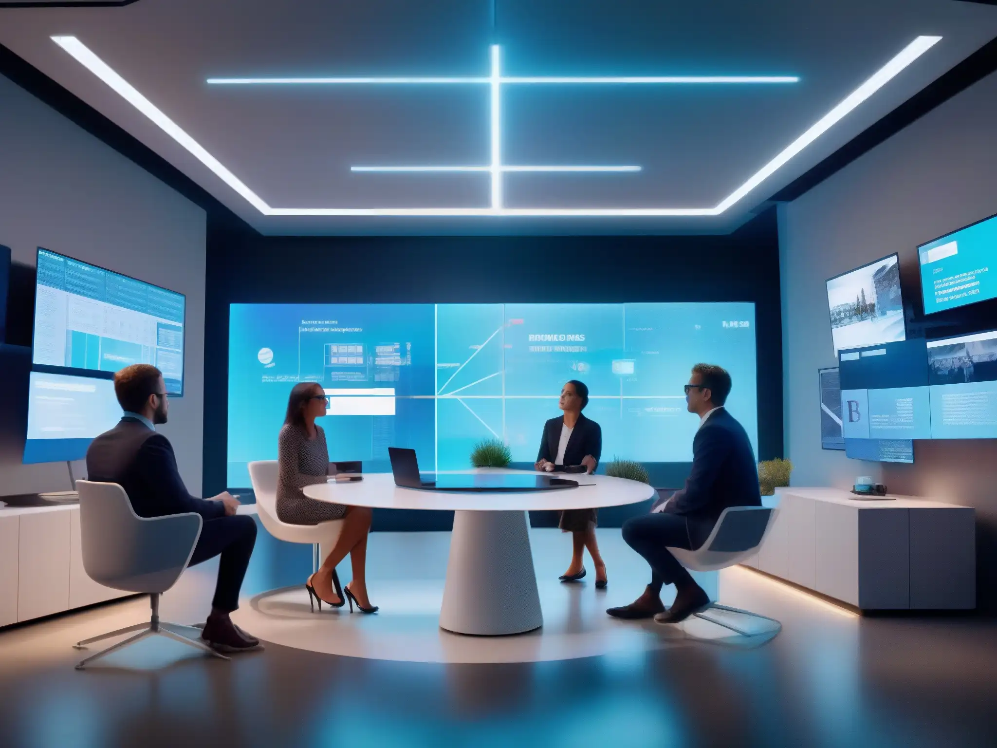 Reunión de Profesionales en Oficina Futurista con Realidad Aumentada Profesionales en una oficina futurista con videoconferencia de realidad aumentada, creando un ambiente innovador para startups