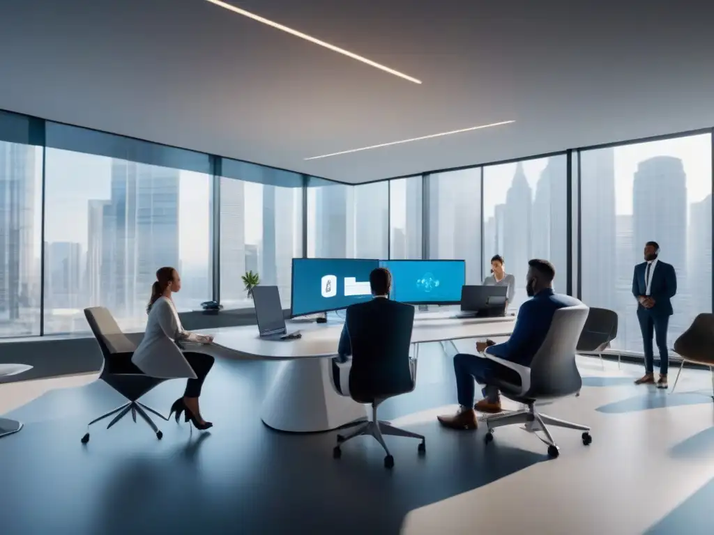 Oficina futurista con profesionales colaborando en videoconferencia Profesionales en una oficina futurista realizando videoconferencias con análisis predictivo, mostrando concentración y colaboración
