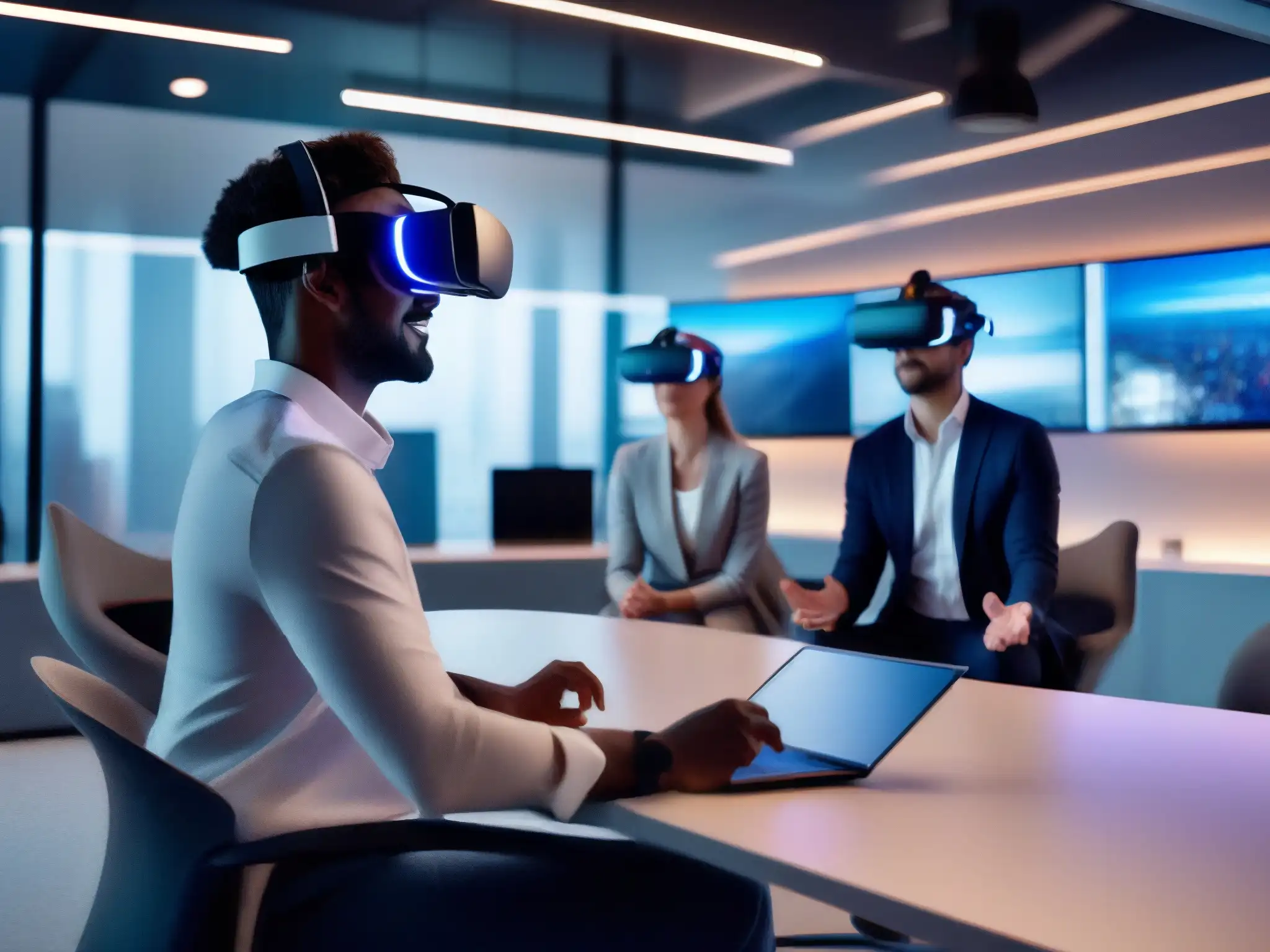 Conferencia virtual en oficina futurista Profesionales usando VR en oficina futurista para videoconferencias