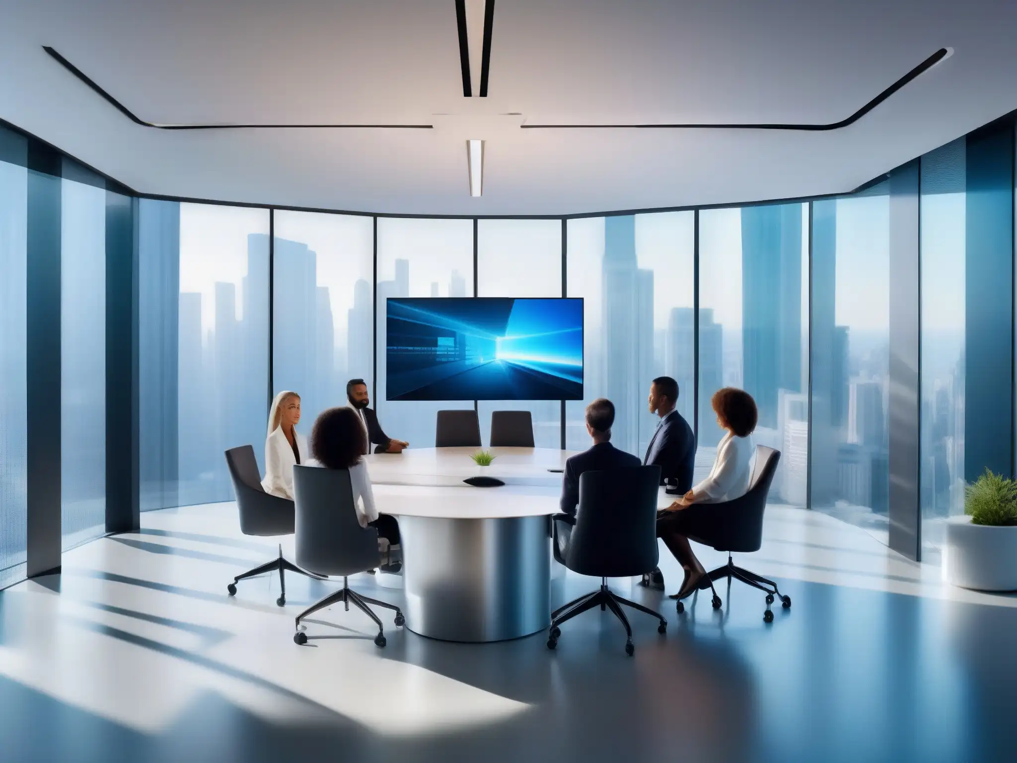 Videoconferencia 5G: Profesionales innovadores en espacio futurista Profesionales colaborando en una oficina futurista con implementación 5G videoconferencias profesionales en un ambiente eficiente y profesional