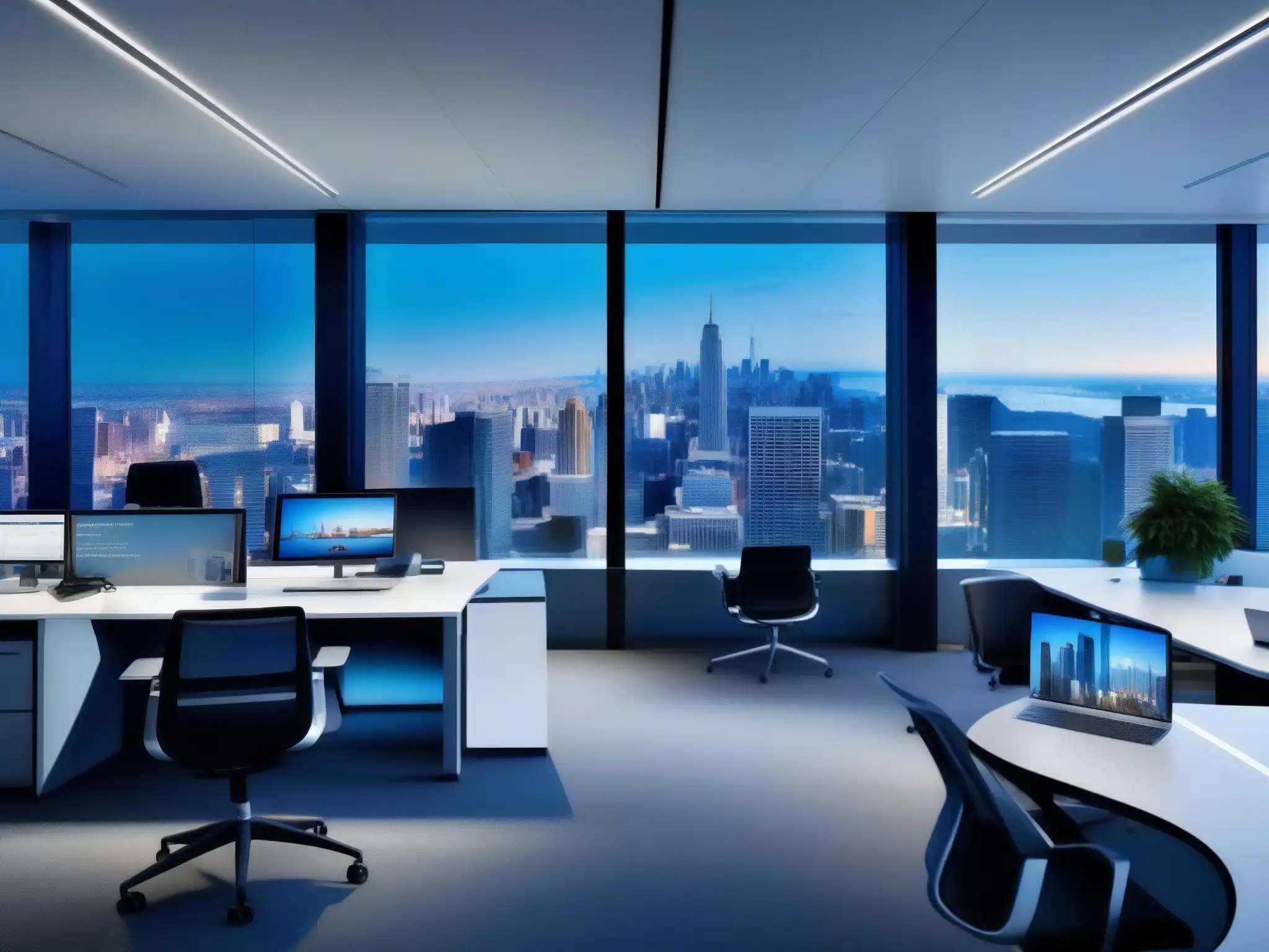 Oficina futurista con videoconferencias Lync y Skype for Business Profesionales en oficina futurista usan Skype y Lync Microsoft