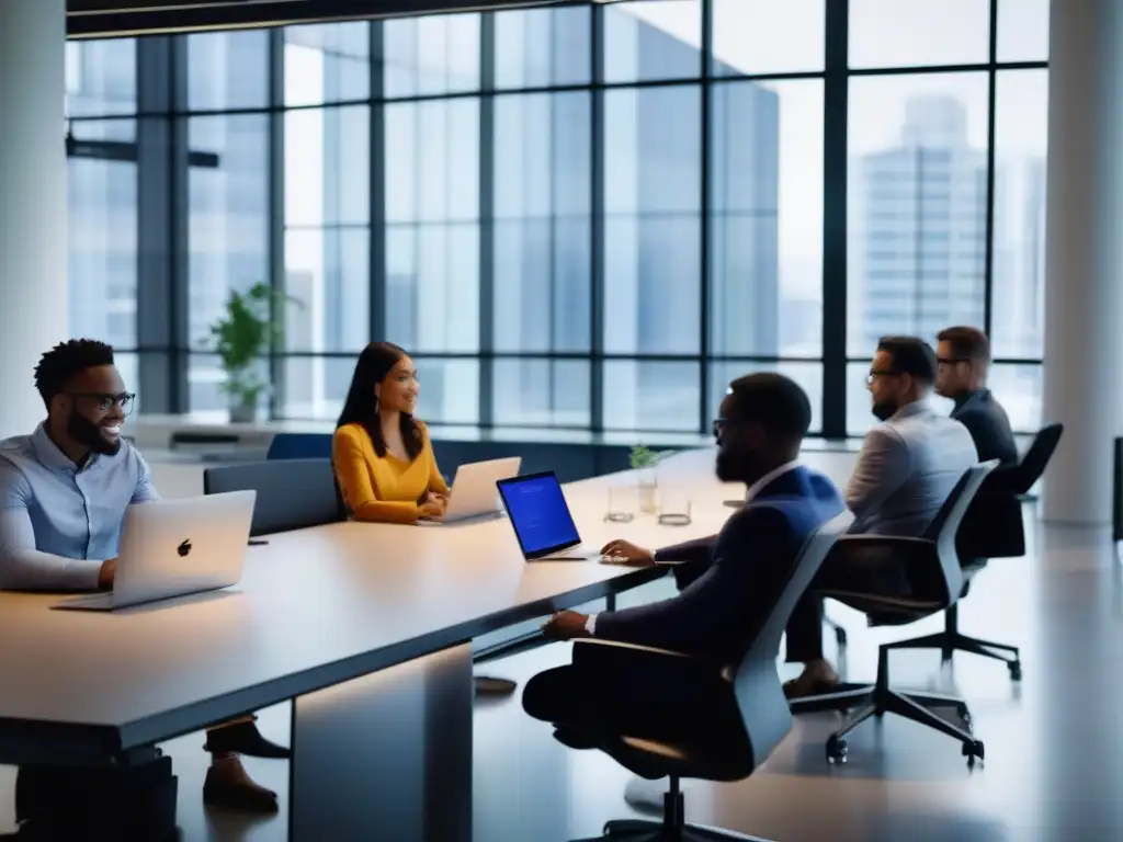 Colaboración dinámica en oficina moderna con Microsoft Teams y Office 365 Profesionales colaborando en una oficina moderna, usando Microsoft Teams y Office 365