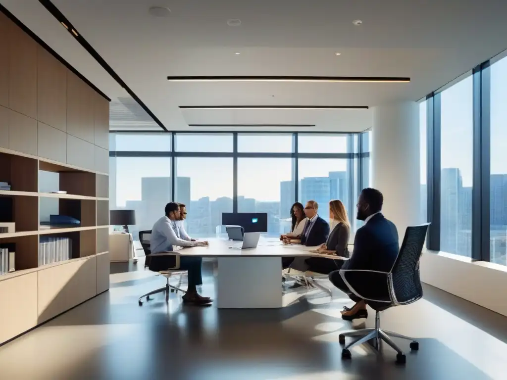 Oficina moderna: reunión eficiente y elegante con Skype for Business y CRM Profesionales colaborando en una oficina moderna, bañada por luz natural, mostrando la integración de Skype for Business con CRM