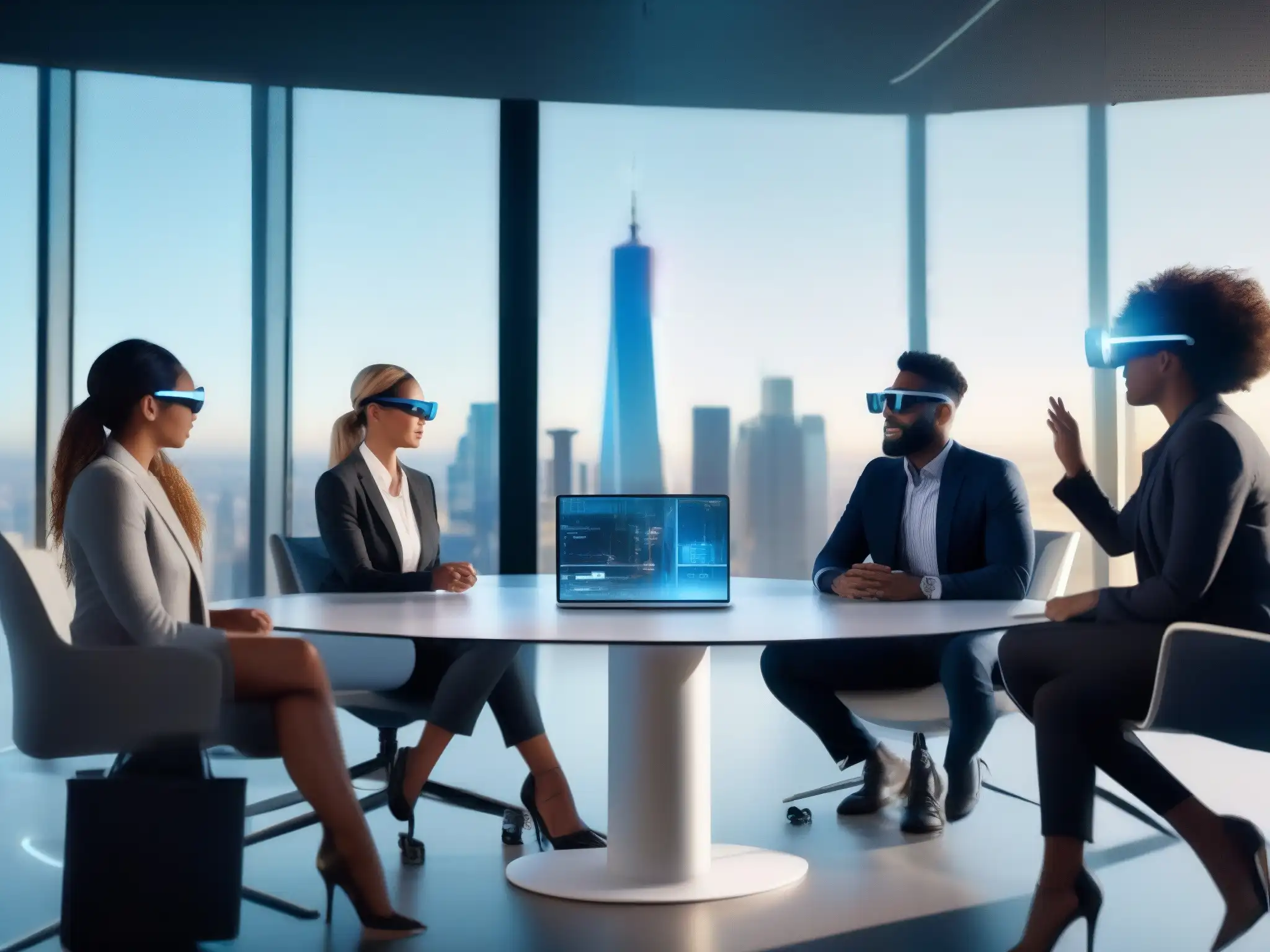 Profesionales con gafas de realidad aumentada en reunión de seguridad Profesionales en una oficina moderna usan gafas de realidad aumentada para seguridad en videoconferencias, mientras interactúan con hologramas