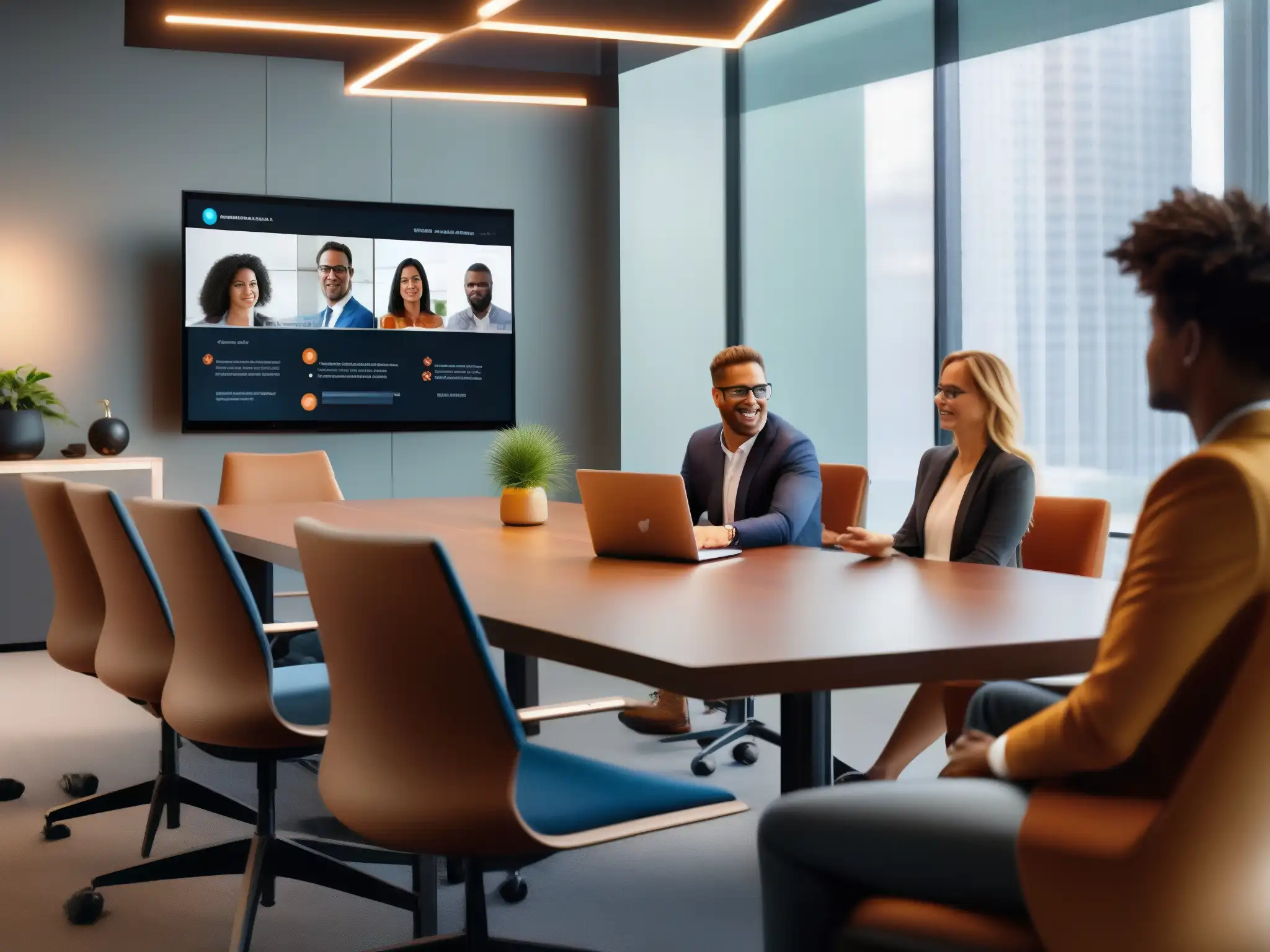 Sesión de Zoom en oficina moderna: colaboración y productividad Profesionales colaboran en una oficina moderna, integrando herramientas de videoconferencia para aumentar la productividad