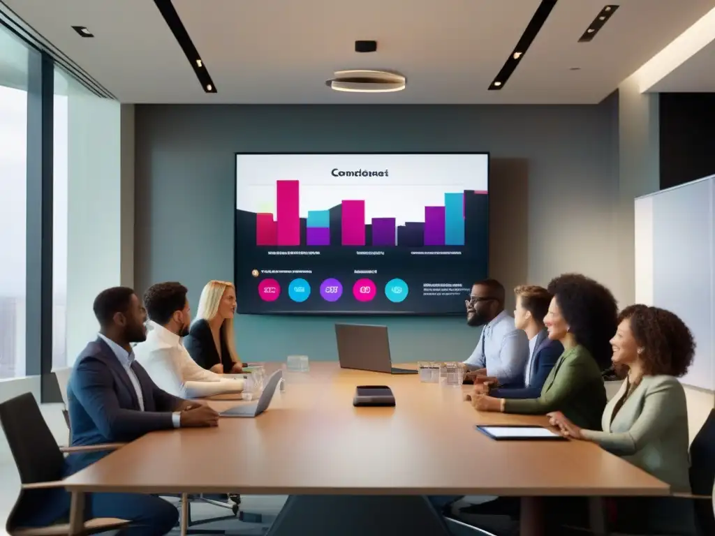 Colaboración en la oficina moderna con Slack y videoconferencia Profesionales colaborando en una oficina moderna con integración de Slack y videoconferencia
