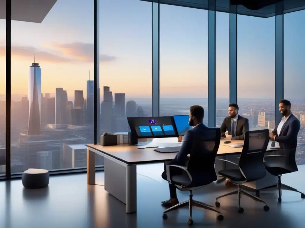Profesionales colaborando en un espacio de trabajo moderno con Microsoft Teams y Dynamics 365 Profesionales colaborando en una oficina moderna con integración de Microsoft Teams y Dynamics 365