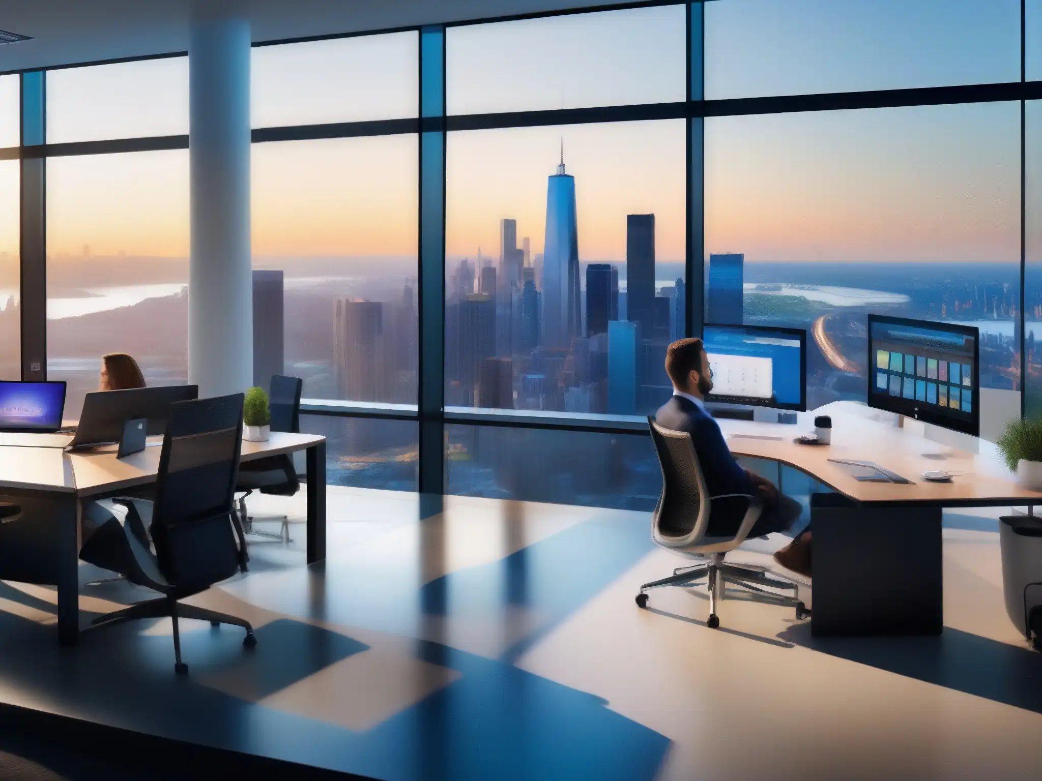 Oficina moderna con Microsoft Teams y Dynamics 365 Profesionales colaborando en una oficina moderna con Integración Microsoft Teams Dynamics 365, proyectando productividad e innovación