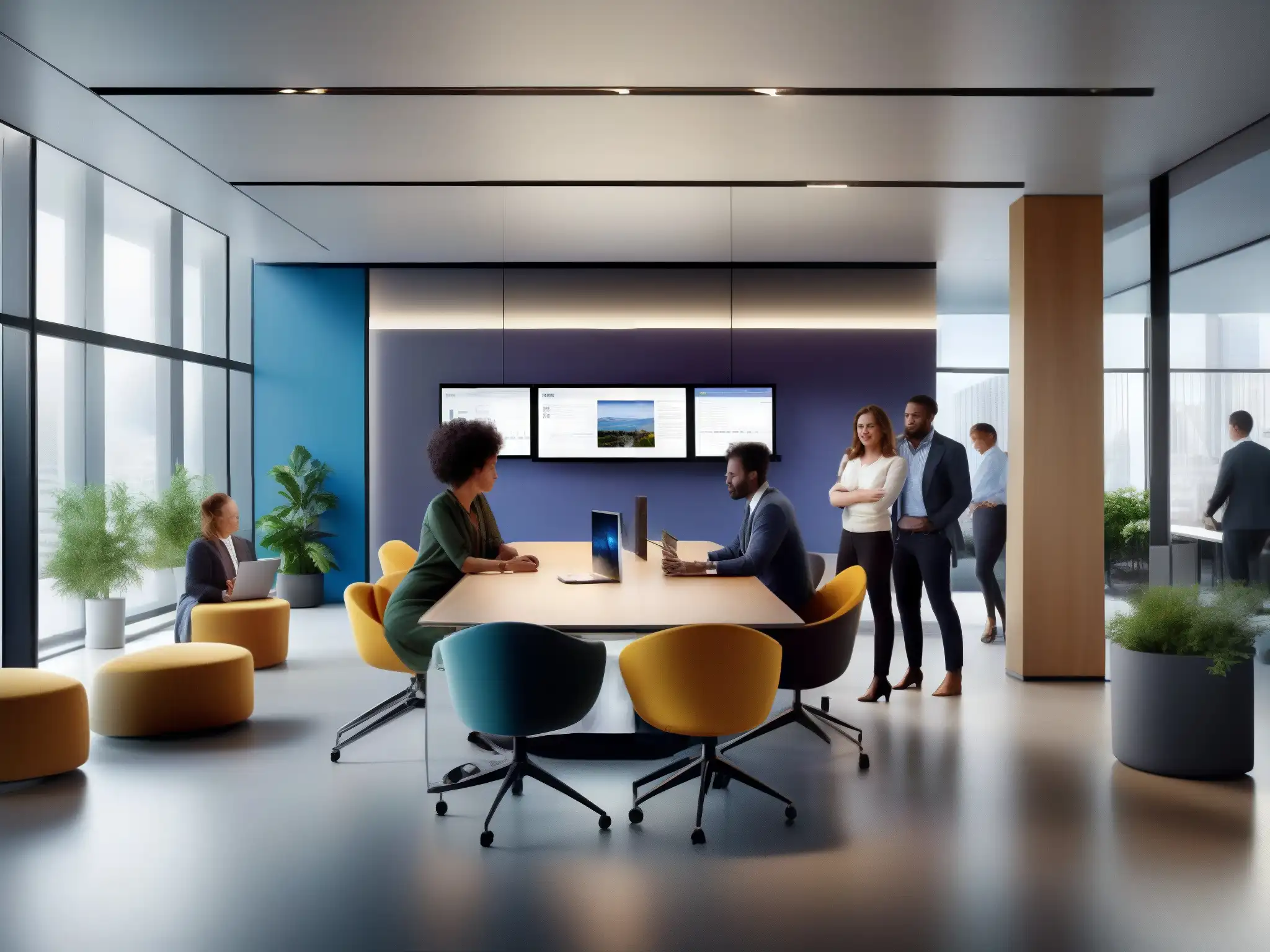 Oficina moderna con colaboración en Microsoft Teams y Dynamics 365 Profesionales colaborando en una oficina moderna con Integración Microsoft Teams Dynamics 365, creando un ambiente dinámico y profesional