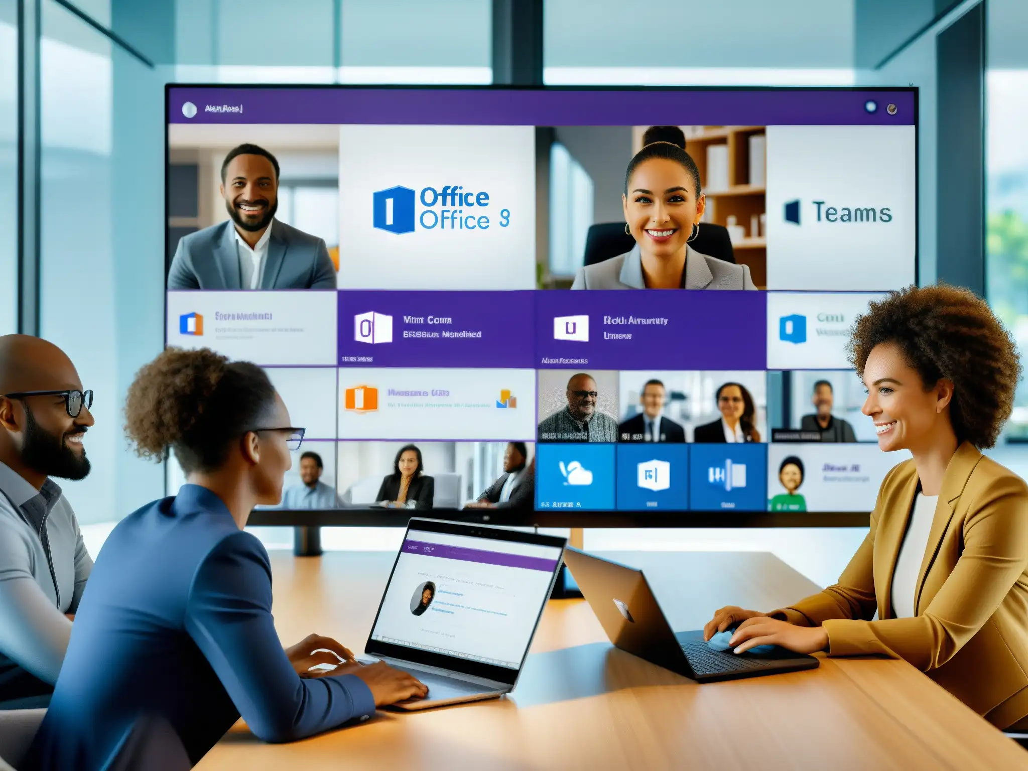 Profesionales en videoconferencia con Microsoft Teams y Office 365 Profesionales colaborando en una oficina moderna, demostrando la integración de Microsoft Teams y Office 365 para videoconferencias productivas
