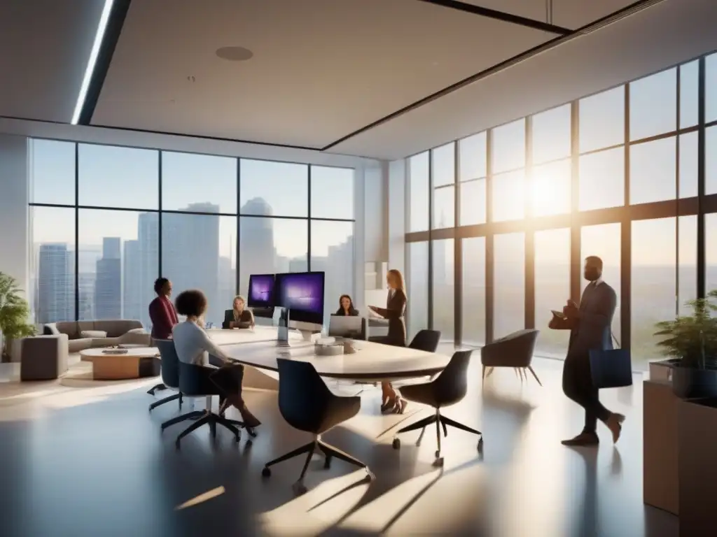 Oficina moderna con equipo de alta tecnología y trabajo en equipo Profesionales colaborando en una oficina moderna con integración de herramientas de Microsoft Teams