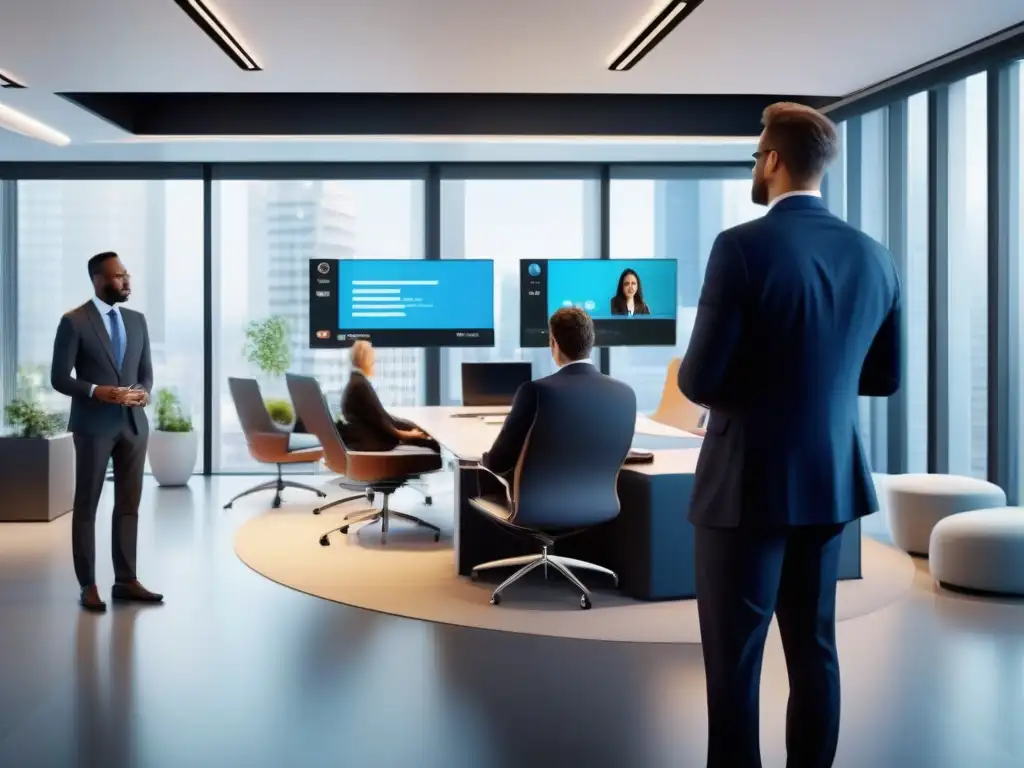 Oficina moderna: Videoconferencia y CRM en 8k Profesionales colaborando en una oficina moderna, mostrando la integración de Skype for Business con CRM